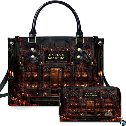 Front view of gothic cathedral bookstore artwork draped in crimson roses with glowing candlelit windows.