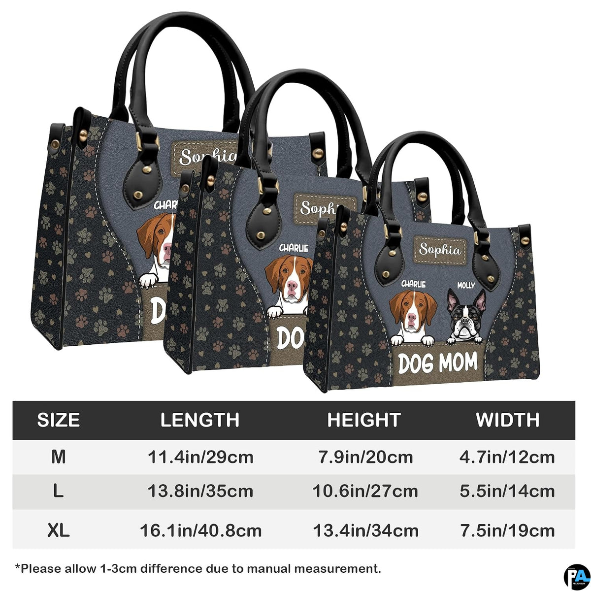 Full set presentation of slate grey dog handbag and matching wallet displayed on neutral background.