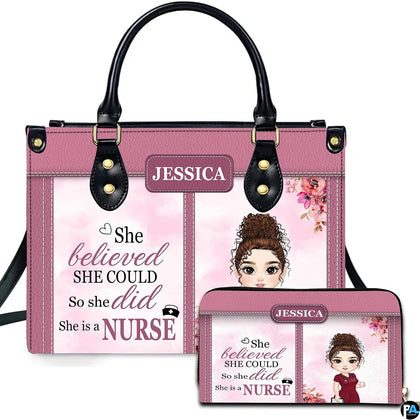 Nurse artwork featuring cute nurse illustration in dark red scrubs surrounded by watercolor blossoms.