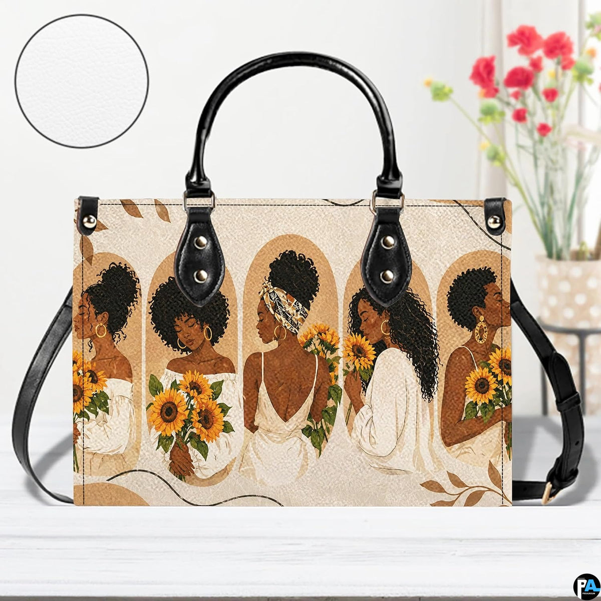 Frontal presentation displaying five women sunflower portraits on light wooden surface beside blooms.