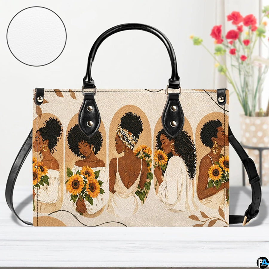 Frontal presentation displaying five women sunflower portraits on light wooden surface beside blooms.