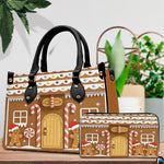 Lifestyle display of gingerbread house handbag and matching zip-around wallet resting on a wooden table.