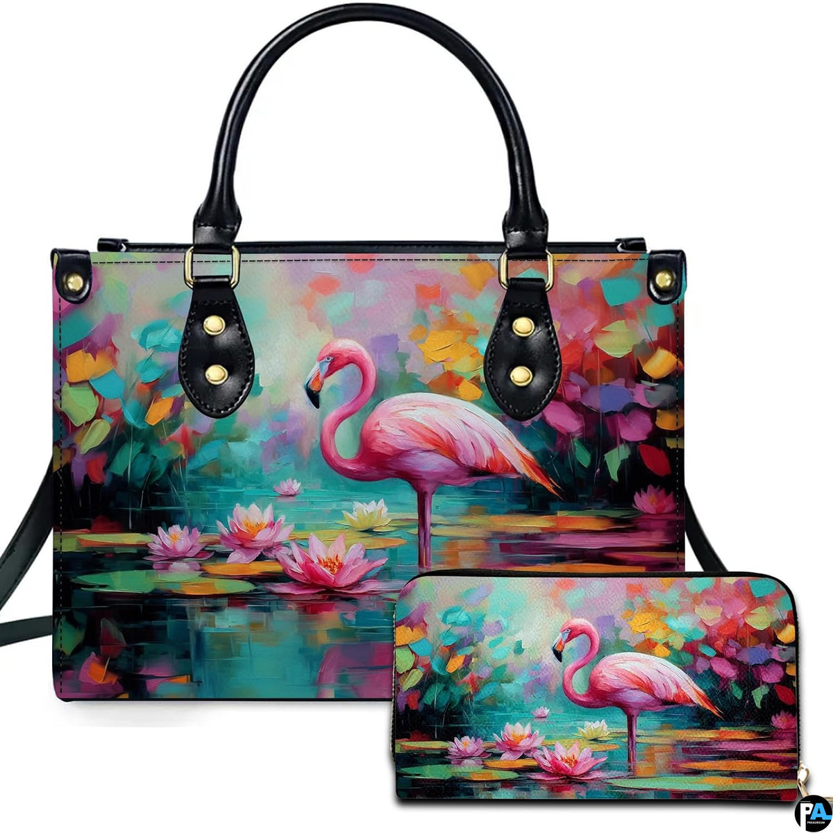 Pink flamingo water lily handbag and matching wallet set featuring impressionist oil painting art.