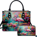 Pink flamingo water lily handbag and matching wallet set featuring impressionist oil painting art.