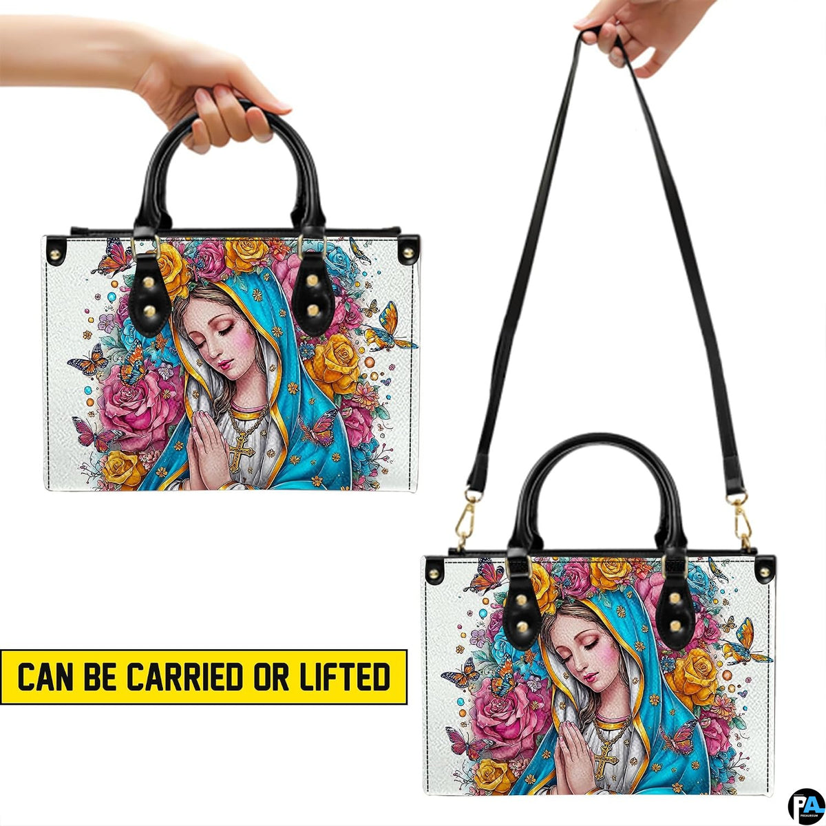 Carrying versatility display of Virgin Mary handbag showing handheld and shoulder strap modes.