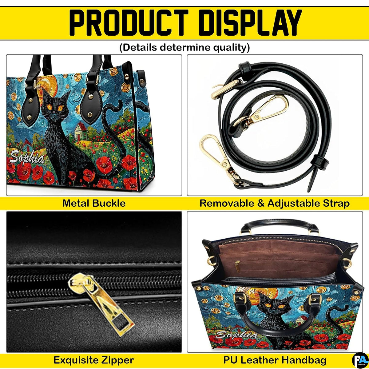 Visual collage displaying van gogh cat art motifs and detailed print perspective views.