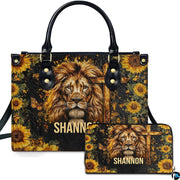 Lion of Judah sunflower cross handbag and matching wallet set with majestic lion and rustic cross.