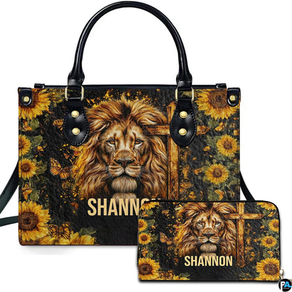 Lion of Judah sunflower cross handbag and matching wallet set with majestic lion and rustic cross.