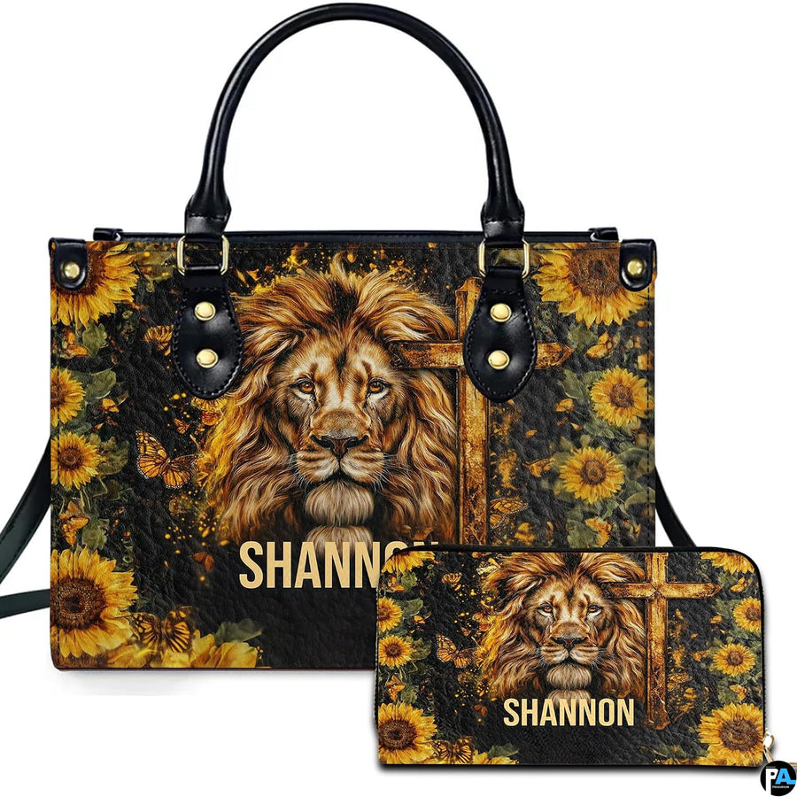 Lion of Judah sunflower cross handbag and matching wallet set with majestic lion and rustic cross.
