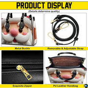 Feature diagram highlighting top handles, shoulder strap, zipper closure, and interior compartment