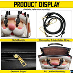 Feature diagram highlighting top handles, shoulder strap, zipper closure, and interior compartment