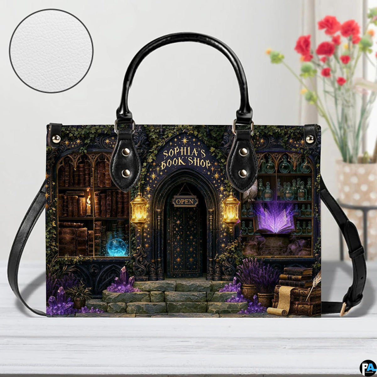 Base view showing stone steps adorned with sparkling purple amethyst crystals and potion flasks.