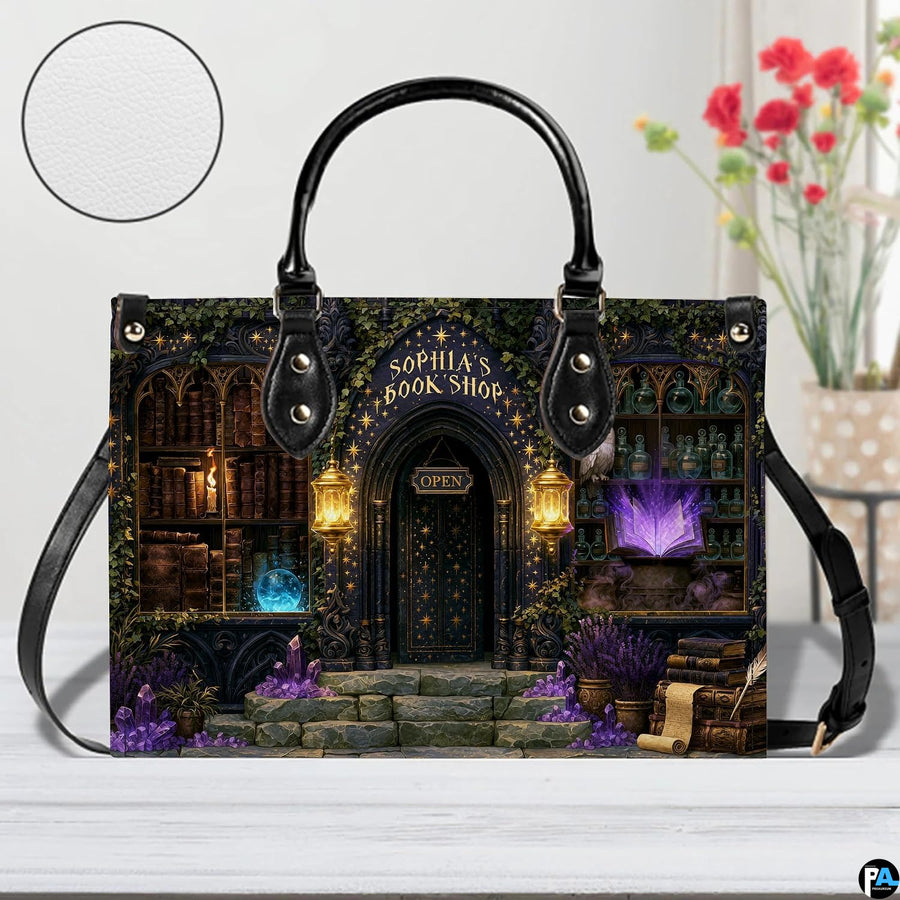 Base view showing stone steps adorned with sparkling purple amethyst crystals and potion flasks.
