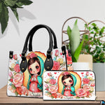 Chibi Guadalupe handbag and coordinating wallet displayed on a wooden table beside potted plants.