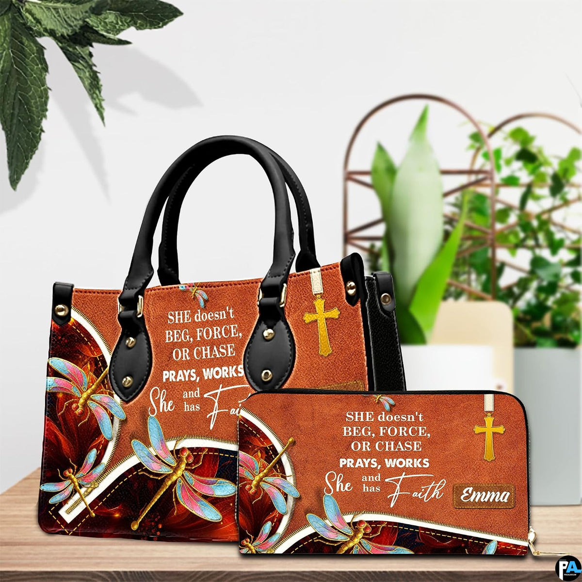 Back view of cognac brown textured graphic handbag
