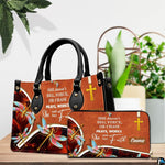 Back view of cognac brown textured graphic handbag