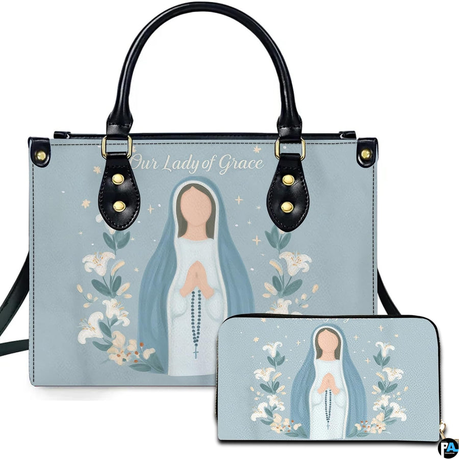 Minimalist Virgin Mary praying silhouette handbag and matching wallet with lilies on pastel blue
