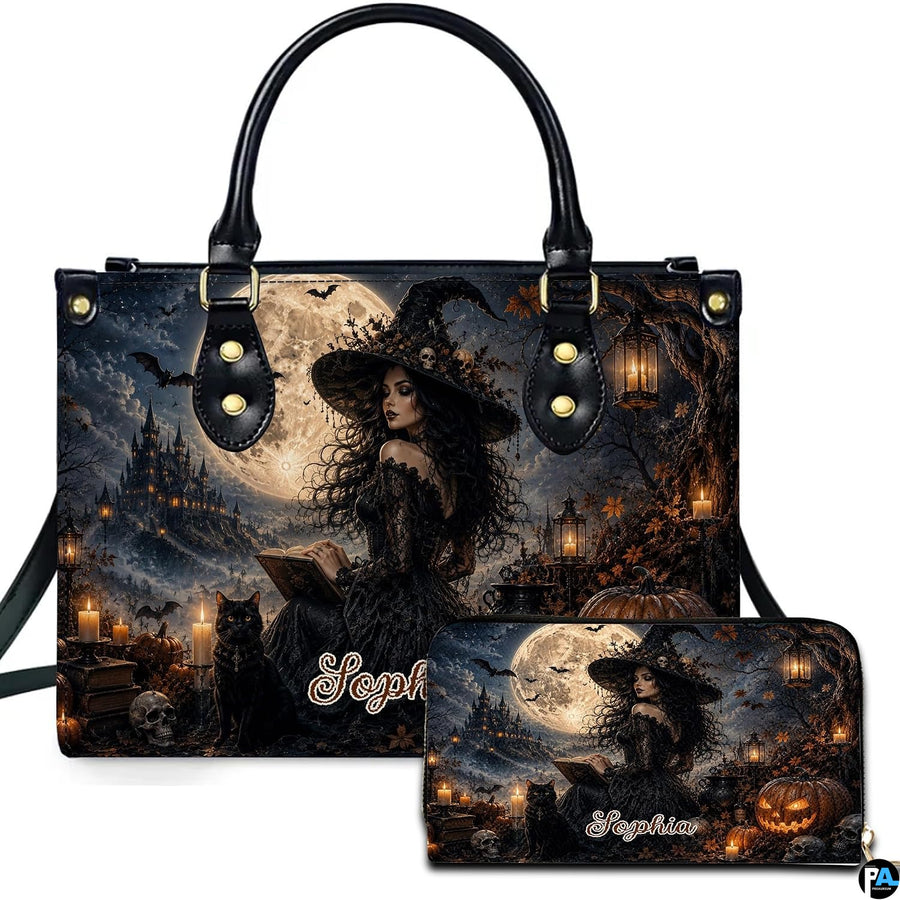 Personalized Witch Handbag with Purse, Custom Name Gothic Leather Bag Set for Women, Halloween Shoulder Bag, Witch Gift