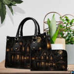 Tabletop styling of gothic mansion art accessory shown beside green indoor foliage.
