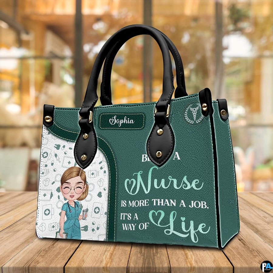 Complete matching handbag and wallet set in hunter green nurse theme arrangement