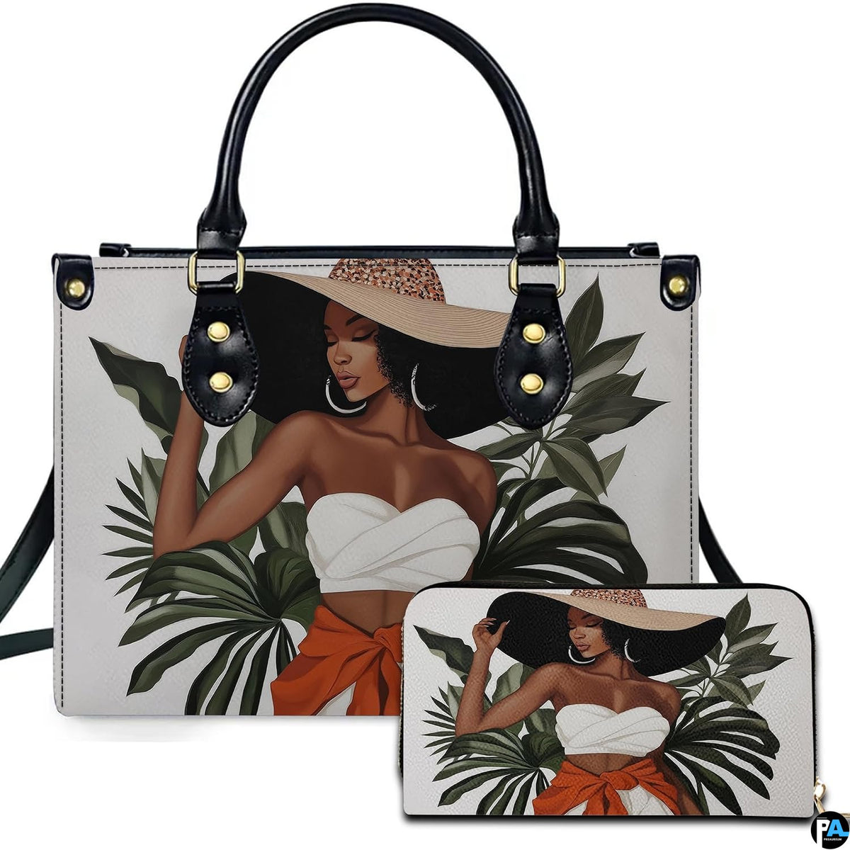 Fashion art of Black woman in wide-brimmed sun hat, white wrap top, orange sash, and palm leaves on light background.