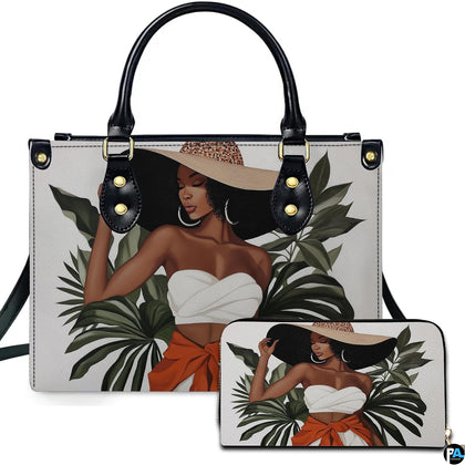 Fashion art of Black woman in wide-brimmed sun hat, white wrap top, orange sash, and palm leaves on light background.