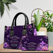 Detailed angle view of illuminated purple cross emblem and surrounding floral blossoms on handbag.