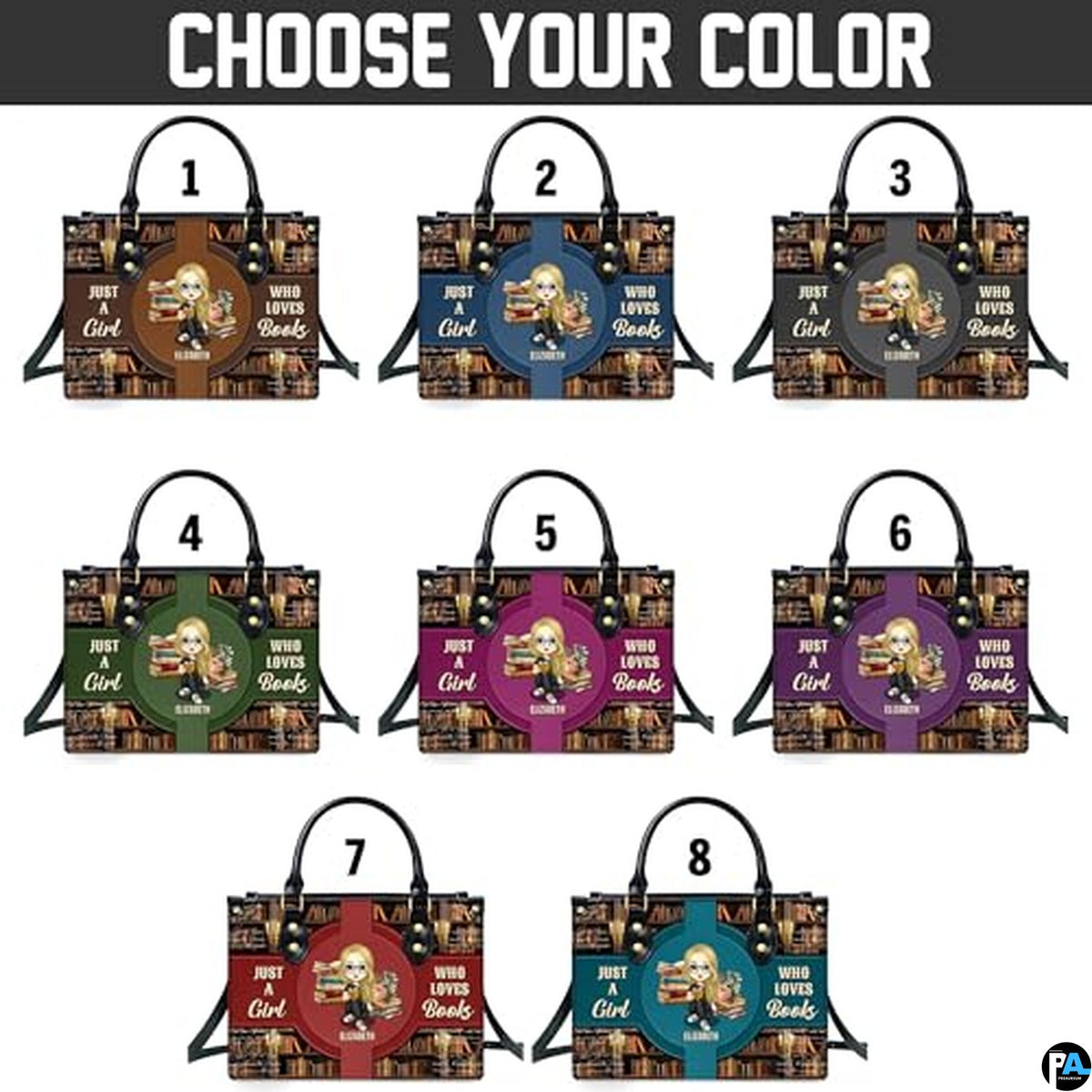 Eight color variations of the library bookshelf handbag design.