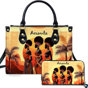 African women silhouette art composition showing three figures against an amber sunset alongside matching accessory print.