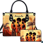 African women silhouette art composition showing three figures against an amber sunset alongside matching accessory print.