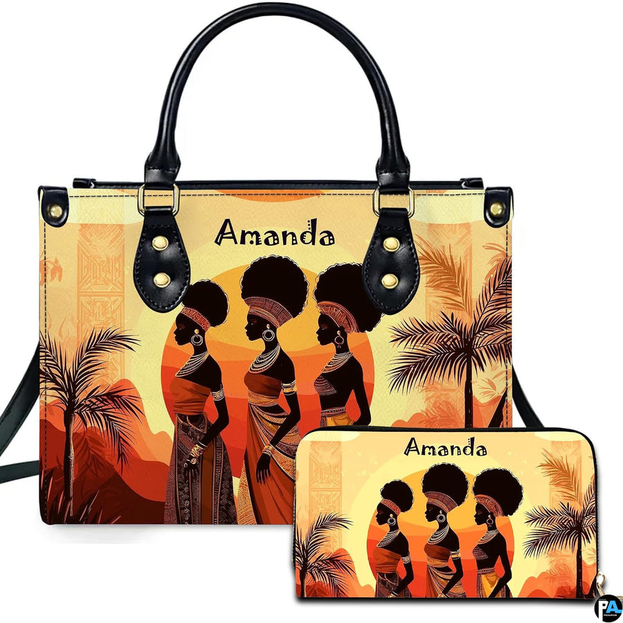 African women silhouette art composition showing three figures against an amber sunset alongside matching accessory print.