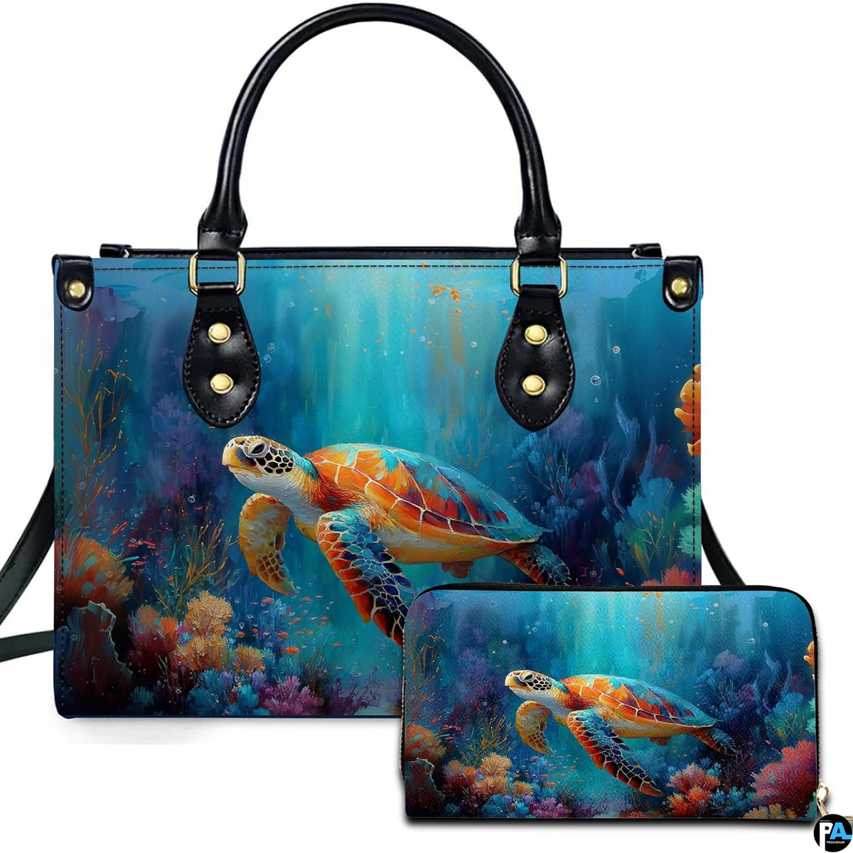 Sunlit coral reef sea turtle handbag and matching wallet set featuring vivid tropical ocean art.