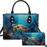 Sunlit coral reef sea turtle handbag and matching wallet set featuring vivid tropical ocean art.