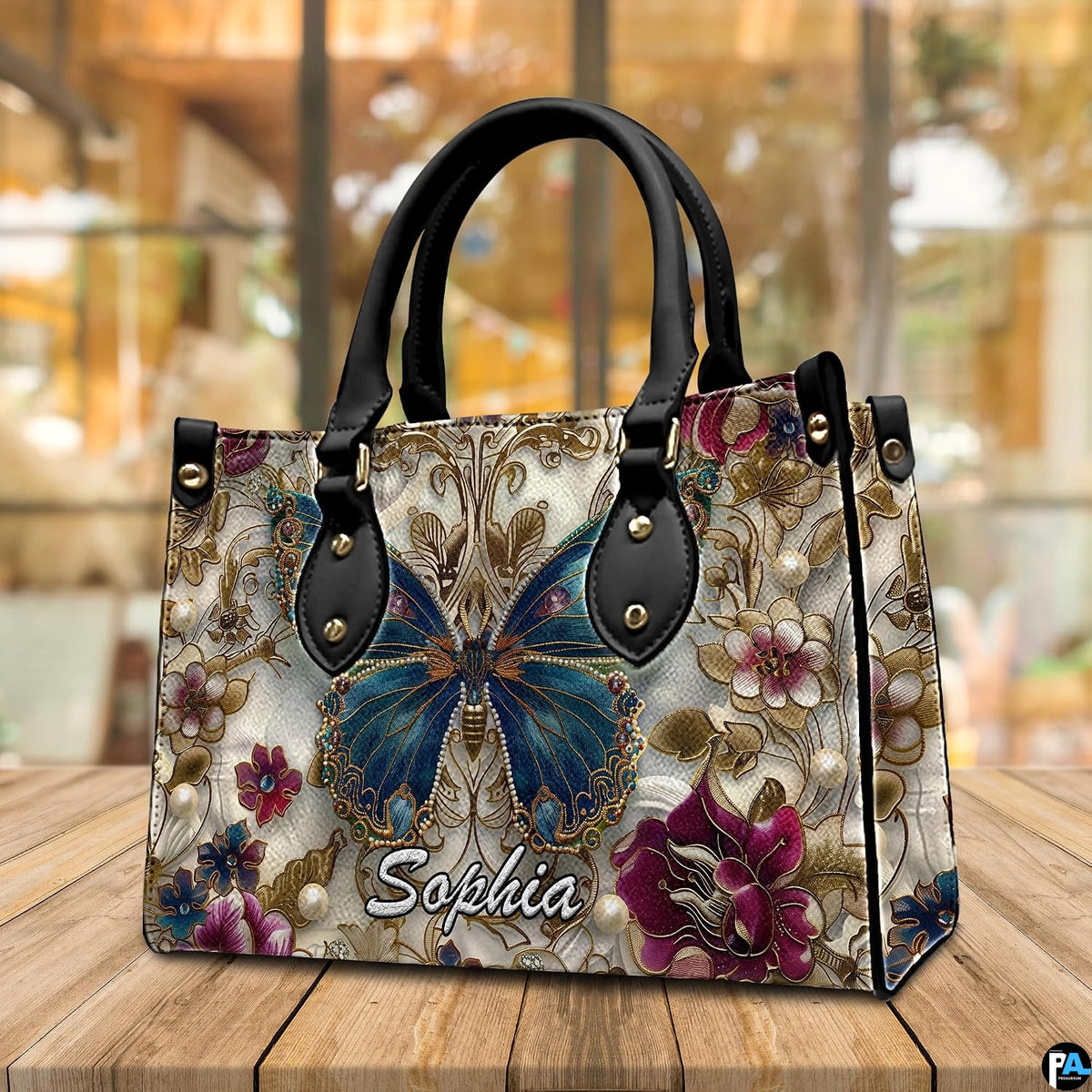 Alternative angle display of baroque gold butterfly handbag and wallet set