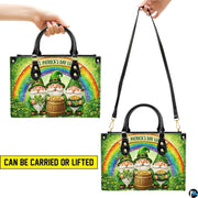 Two carrying views of three leprechaun rainbow handbag