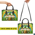 Two carrying views of three leprechaun rainbow handbag