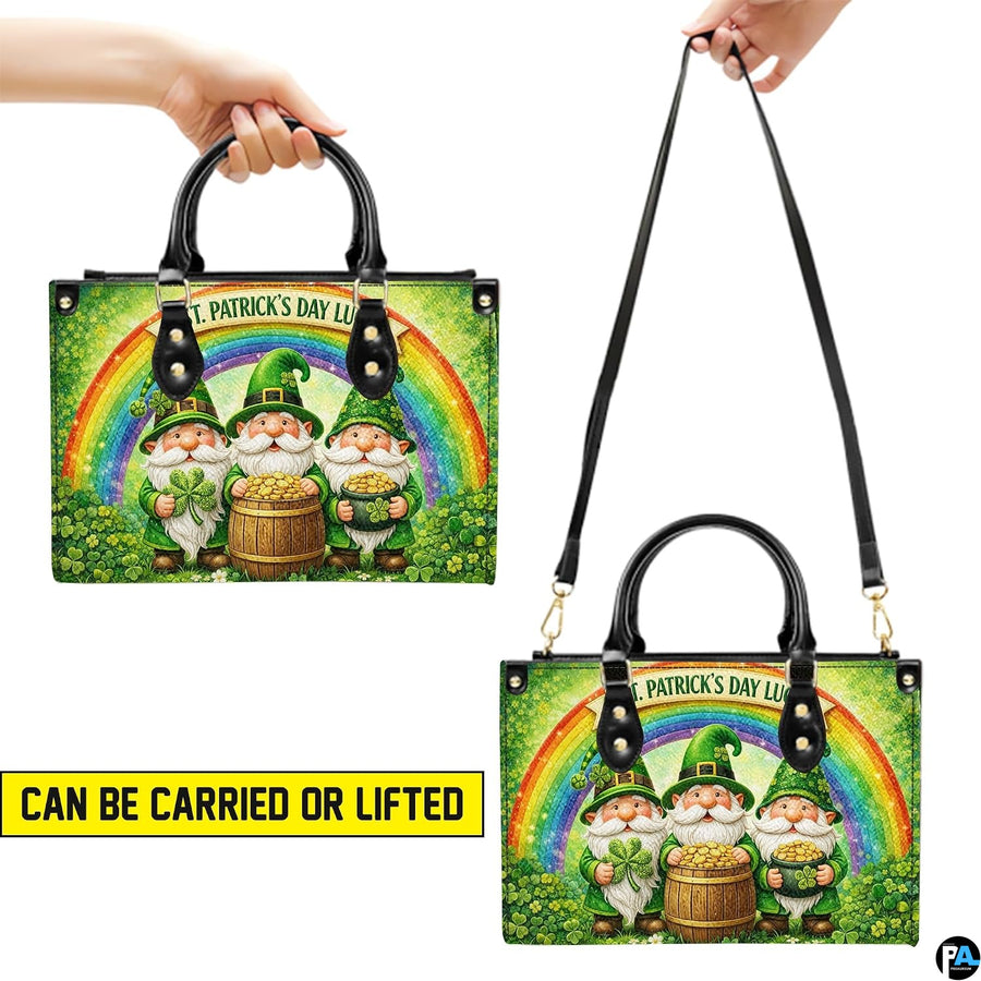 Two carrying views of three leprechaun rainbow handbag