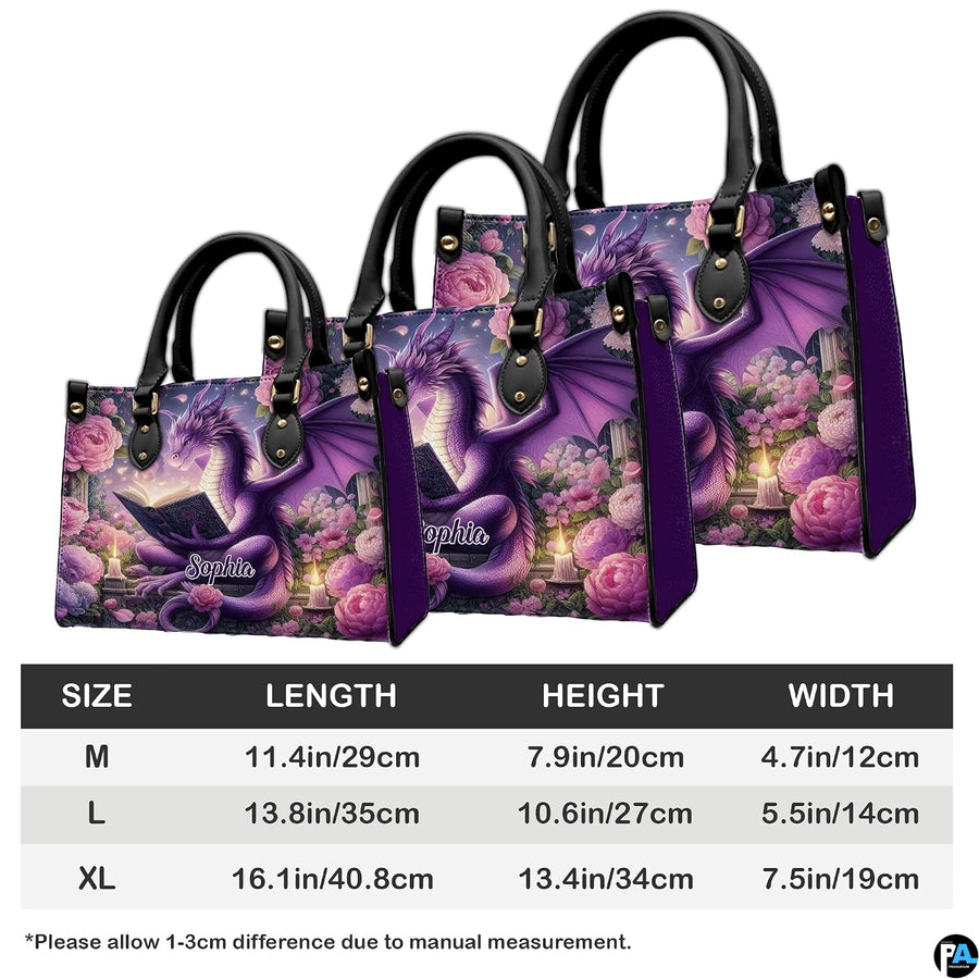 Measurement specification diagram displaying medium, large, and extra-large handbag dimensions.