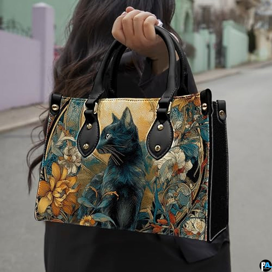 Black Cat Leather Bag – Vintage Cat Art Handbag, Stylish Animal-Themed Purse, Unique Gift for Cat Lovers