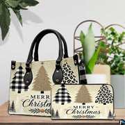 Tabletop perspective of holiday tree handbag displayed beside indoor potted plants