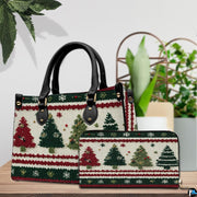 Tabletop presentation showing the holiday pine tree design beside decorative green foliage