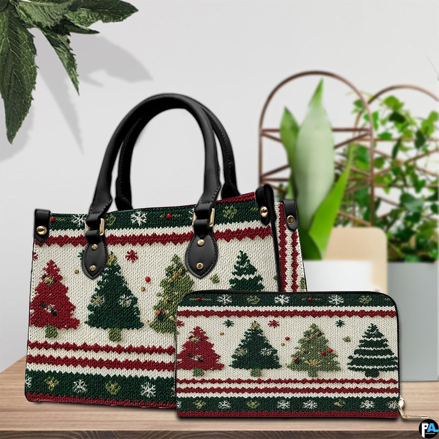 Tabletop presentation showing the holiday pine tree design beside decorative green foliage