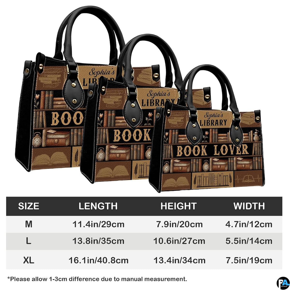 Library themed handbag and matching wallet set styled on a wooden tabletop with green plants.