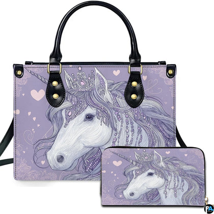 Front view of regal crowned unicorn handbag and matching wallet set on lavender background with hearts.