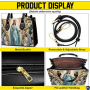 Back view of rosary handbag featuring coordinated rose garden landscape and golden sunlight