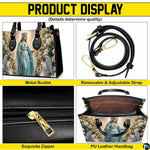 Back view of rosary handbag featuring coordinated rose garden landscape and golden sunlight