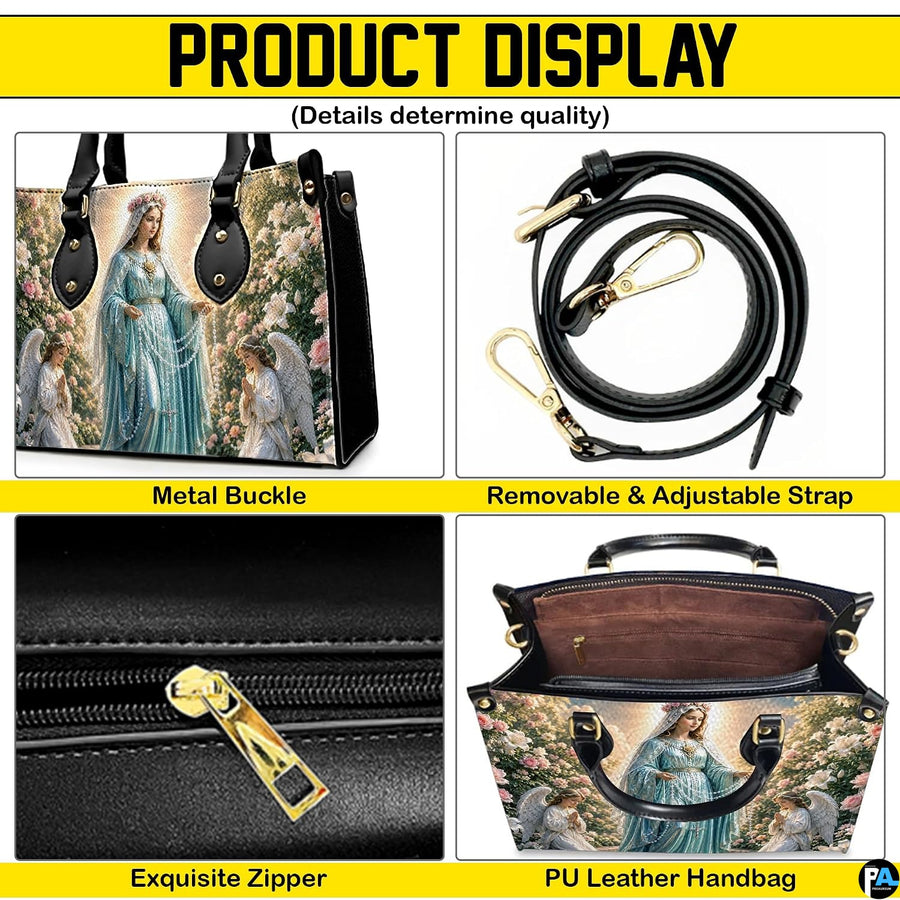 Back view of rosary handbag featuring coordinated rose garden landscape and golden sunlight