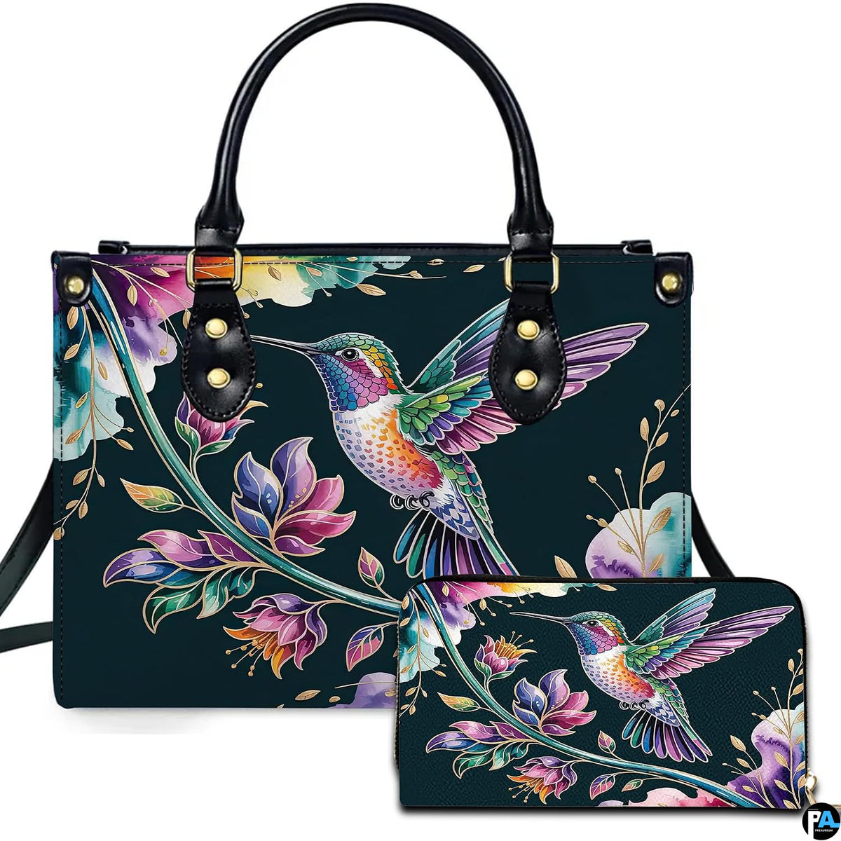 Midnight teal handbag and matching wallet set featuring an iridescent hummingbird and watercolor flowers.