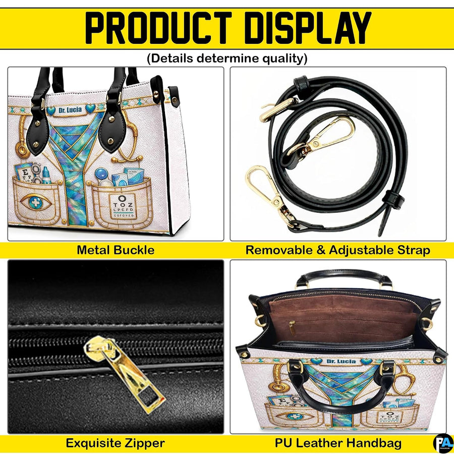 Product feature collage showcasing optometrist handbag details