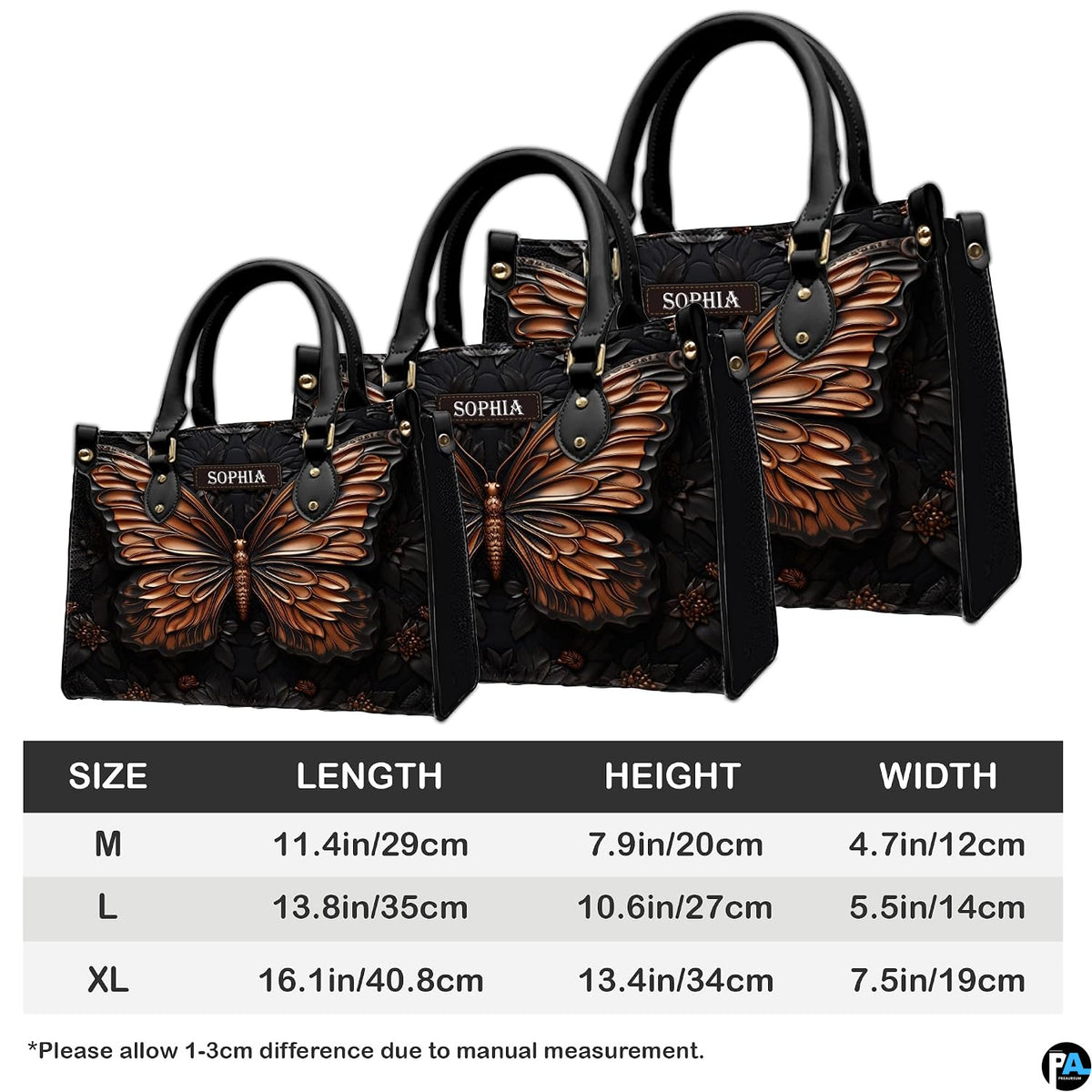 Carrying options demonstration illustrating handheld and shoulder wear for the copper butterfly handbag.